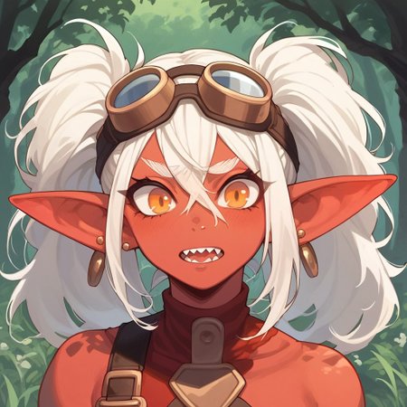 score_9, score_8_up, score_7_up, 1girl, solo, goblin girl,, red skin, orange eyes,, twintails, white hair, sharp tooth, nervous expression, ear piercing, earrings, long pointy ears, plump, looking at viewer, engineer uniform, little  female, forest background, dutch angle, goggles over head, full body, stand up