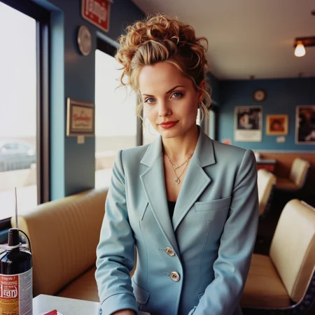 Faded Polaroid Photo, analog film photo gothic style captured with a Leica M6, flash photography enhanced with retro grain, a beautiful young woman wearing a pastel blue 1950s fancy women's suit. portrait in a 1950s diner posing dynamic, slight smile,  analog photo <lora:Mena_S-v2p2:1> m3n4v2 . dark, mysterious, haunting, dramatic, ornate, detailed . faded film, desaturated, 35mm photo, grainy, vignette, vintage, Kodachrome, Lomography, stained, highly detailed, found footage, analog, old faded photo, old polaroid, RAW candid cinema, 16mm, color graded portra 400 film, remarkable color, ultra realistic, textured skin, remarkable detailed pupils, realistic dull skin noise, visible skin detail, skin fuzz, dry skin, shot with cinematic camera