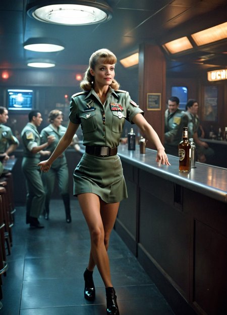 cinematic movie poster, uscmc female dancing in a bar, uniform, science fiction, 
<lora:United_States_Colonial_Marine_Corps_-_Aliens_SDXL:0.8>