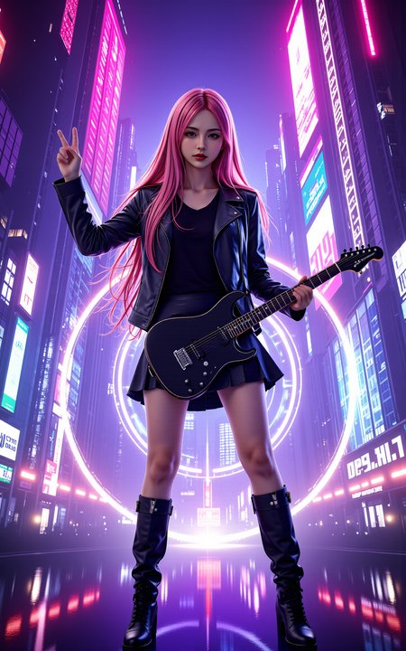 A stunning 20-year-old girl with long,flowing pink hair,dressed in a sleek black leather jacket,a pleated black skirt,and knee-high black boots. She stands confidently on a neon-lit cyberpunk stage,skillfully playing an electric guitar. With her other hand,she raises it high,making a victory gesture. The futuristic cityscape behind her glows with deep purples,electric blues,and vibrant pinks,featuring towering skyscrapers and massive holographic billboards. Behind her,a dazzling circular energy effect pulses,radiating a sci-fi aura like a futuristic power field,enhancing the cyberpunk atmosphere. The stage is illuminated by dynamic spotlights,and digital particles float in the air,creating an immersive high-tech concert scene.,<lora:yuukananri-base-02-flux:0.8>,yuukananri,she has a slender physique and a petite build,<lora:aidmaMJ6.1_v0.5_3:0.5>,aidmaMJ6.1,