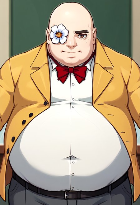 score_9, score_7_up BREAK flower over eye, one eye covered, p5principal, fat man, obese, bald,male focus,yellow jacket, formal, white shirt, red bow tie <lora:FlowerOverEye_XLPD:1> <lora:p5kobayakawa-pdxl-nvwls-v1:0.8>