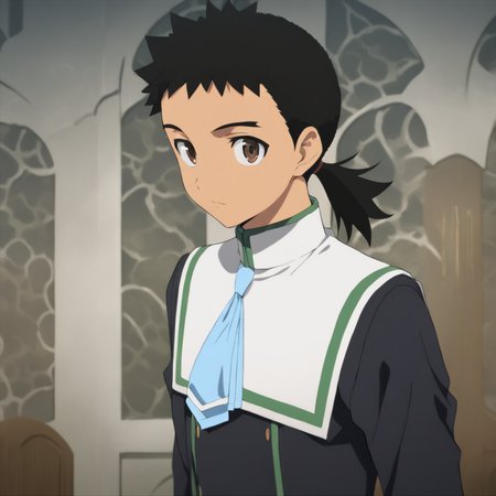 solo,looking at viewer,upper_body,masterpiece,high score,great score,absurdres,<lora:Kenshi_Masaki ag4o v1:1> 1boy, kenshi_masaki, black hair, ponytail, brown eyes,school uniform,