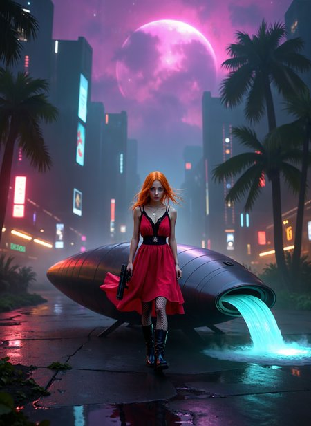 Photograph of a young woman with long red hair standing on the ground in front of a car. She is holding a gun in her right hand and appears to be looking at it intently. The car is parked on a wet street with palm trees and buildings in the background. The sky is dark and cloudy, and there are neon signs and buildings visible in the distance. The overall mood of the image is eerie and mysterious. <lora:add-detail-xl:.5>  <lora:Flux-style-xl-lora:.5>