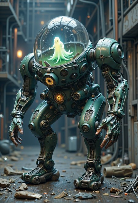 Haunted mech, cracked cockpit, ghostly aura, faded insignia, shattered limbs <lora:Midjourney_Dreamlike_Fantasy_FLUX_LoRA.safetensors:0.3>,  <lora:Cyberpunk Realistic V1.safetensors:0.4>,  <lora:fishtank-head-flux-000027.safetensors:1.0>,