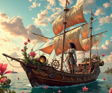 <lora:Haunted_Hotel_Concept__Flux-000009.safetensors:1> Art Deco, creepy, scary, haunted, Hotel Cortez
In a sky where clouds swirl like cotton candy and the sun casts a golden glow, a whimsical sailboat drifts lazily among the floating flora. The ship, an eccentric blend of historical and futuristic elements, is a testament to the fusion of eras. Its hull, crafted from polished wood that gleams under the dreamy sky, is adorned with intricate carvings of mythical creatures and floral motifs. The sails, a patchwork of vibrant silks and advanced synthetic materials, billow in the gentle breeze, their colors a rainbow of reds, blues, and purples.
The deck is a treasure trove of artifacts and curiosities. Ancient cannon barrels, engraved with runes and symbols, sit alongside sleek, futuristic navigational devices that glow with a soft, ethereal light. A wooden steering wheel, its spokes worn smooth by the hands of countless captains, is entwined with delicate vines that seem to pulse with life. Around the ship, floating flowers of every hue drift gently, their petals shimmering with an otherworldly luminescence.
The captain, a middle-aged woman with a swarthy complexion and a mane of wild, curly hair, stands at the helm, her eyes gleaming with a mix of adventure and mischief. She wears a patchwork outfit that combines the styles of a pirate and a modern explorer: a tailored jacket made of antique brocade, leather boots, and a utility belt adorned with an array of gadgets. Her presence is both commanding and playful, a perfect match for the surreal world in which she sails.
Above, the sky is a tapestry of cotton candy clouds and swirling mists, painted in a palette of pastel pinks, blues, and purples. The horizon is dotted with distant islands that seem to materialize and dematerialize in the blink of an eye, adding to the dreamlike quality of the scene. It is a place where time and reality bend, and the boundaries between past, present, and future dissolve into a harmonious and enchanting whole.