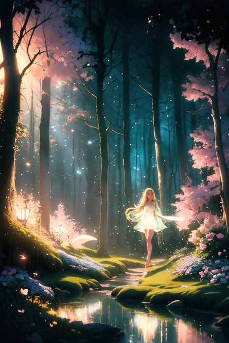 ( detailed realistic background:1),
( official art, beautiful and aesthetic:1 ),
realistic lighting,
cinematic lighting,
hyperrealism,
soothing tones,
muted colors,
high contrast,
soft light,
sharp,
artistic photoshoot,
<lora:FeyAndFairies-11:0.8>FeyFa, , forest, trees, middle, path, waterfall, through, background, stream, flowers, lights, running, in the foreground stands a fairy in front of her fairy house, light,( cute, petite ),
slender,
european,
pale cheeks,
square face shape with angular jaw,
natural "no-makeup" makeup,
big breasts,
,
blonde hair ,
shag hair  ,wearing a see-through gossamer fairy short dress,
night time, darkness,