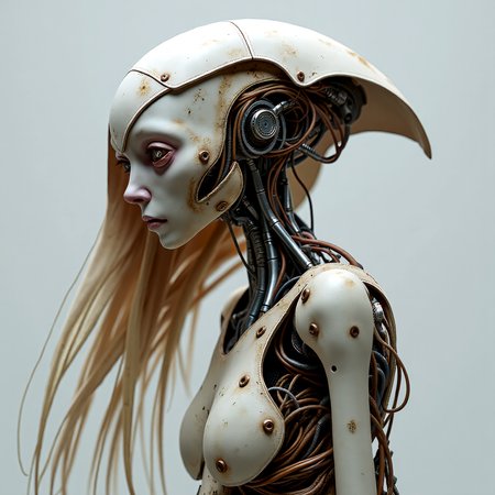 [The image depicts a female humanoid figure with a blend of organic and mechanical features, characteristic of the biopunk genre. The subject has a slender, elongated body with a mix of smooth, pale skin and metallic or synthetic components integrated into her limbs and torso. Her face is partially obscured by a hood or a mask, with unsettling, almost artificial eyes that hint at the fusion of human and machine. Long, flowing hair cascades down her back, with some strands appearing to be made of a synthetic material. A series of wires, tubes, or circuits are visible beneath her skin, suggesting a complex network of biotechnology and cybernetic enhancements. The overall design exudes a sense of decay and neglect, with visible signs of wear and tear on the mechanical components, creating a sense of unease and foreboding. The image suggests a world where humans have begun to merge with machines, blurring the lines between biology and technology, and may be interpreted as a commentary on the ethics of biotechnology.  <lora:scifi/moxiePunk_v20.safetensors:1.0>,