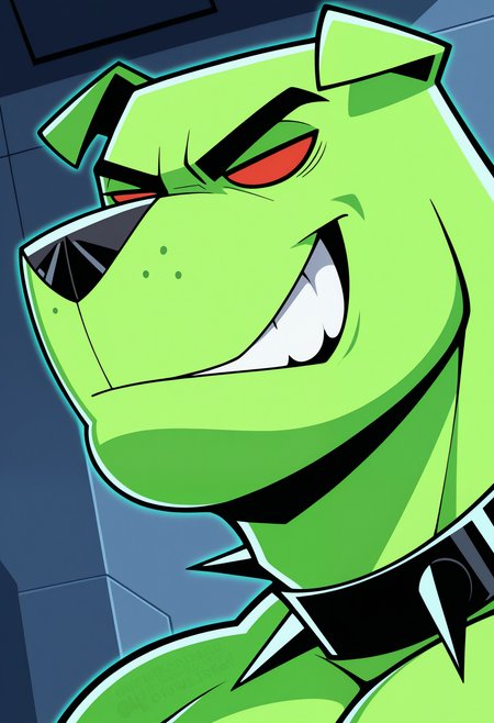 masterpiece,best quality,amazing quality, 1boy, solo, cuj0, anthro dog, bara, green skin, red sclera, no pupils, spiked collar, smirk, close up, side angle, outside,