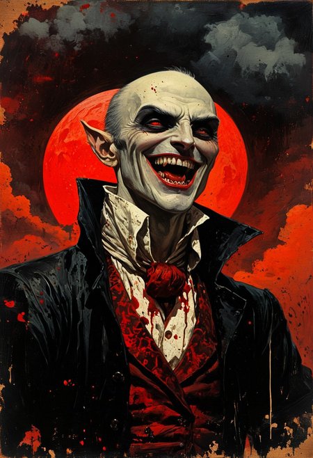 splash art, portrait of vampire lord nosferatu, clad in black, posing for a picture, smiling, open mouth, looking at viewer, detailed eyes, open eyes, vampire teeth, elegant clothes, red moon, dark clouds, atmospheric, direct gaze, blood splatter, sexy, atmospheric, masterpiece, best quality, vivid colors, masterpiece
midjourneyv6.1 (in the style of Frank Frazetta painting) Dean Cornwell, design, 1970s, Russian Constructivist style, double exposure, volumetric lighting, expressive, ancient starchart, ink spattered background, warm colors, space, art deco, splatter, Japanese Woodblock print, planar rectilinear shapes, extreme energy, dynamic posing, Dutch angle, black, Crimson<lora:xl_more_art-full_v1:0.3>