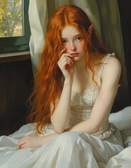 masterpiece, high quality, Oil Painting, Hyper-realistic, tiny skinny teen elf girl thoughtfully sitting on her bed wearing a white slip and white tightly laced corset.  Her long red hair is loosely tied back, with strands falling over her face as she focuses. The elf has delicate, angular features and luminous, almost ethereal white skin. Her large, almond-shaped blue eyes are a striking shade of silver-blue, framed by long lashes, and she has small pointed elf ears. Her body is short, skinny, petite, and thin waisted.  Outside the window, gentle sunlight filters into a Victorian bedroom. Focus on the girl, intricate lines, intriguing atmosphere, sharp magnificent details, delicate features, elaborate details, (2\3 rule composition:0.5), ultra detailed, romantic, Rembrandt lighting, brush stroke, lovely, del1cate_balance style, novuschroma, FS, in the style of Rembrandt. vantablack <lora:style_of_Rembrandt_FLUX_135:.8> <lora:- Flux1 - vanta_black_V2.0:.4> <lora:Delicate_Balance:.3> <lora:neeeg_f1:-1> <lora:113_novuschromaFLX_1:.3> <lora:Midjourney_Whisper_Minimal:.3> <lora:FS_v2:.5>