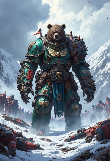((Dark fantasy art)) 
The image depicts a massive, humanoid bear standing in a snowy battlefield. The bear is dressed in dark fantasy armor and adorned with skulls, chains, and furs. Its imposing size and fierce expression suggest a dominant warrior. Surrounding the bear are fallen soldiers and debris, giving the impression of a fierce battle. Snow-covered mountains and a cold, stormy sky form the background, enhancing the dark, brutal atmosphere of the scene.