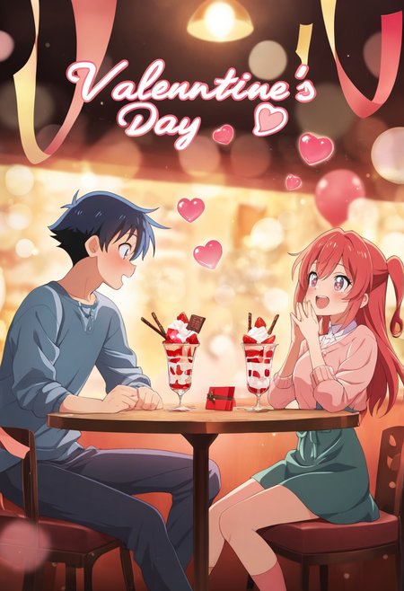 masterpiece,best quality,amazing quality,

a cheerful anime boy and girl couple, sitting at a charming cafe table adorned with red and pink heart balloons and festive streamers, sharing a delicious-looking strawberry parfait with whipped cream and cherries,  bright smiles and sparkling eyes,  joyful laughter and engaged eye contact,  vibrant and saturated colors, dynamic and expressive poses,  inspired by classic anime animation, warm inviting lighting,  beautiful bokeh background of the bustling cafe, Valentine's Day date, 