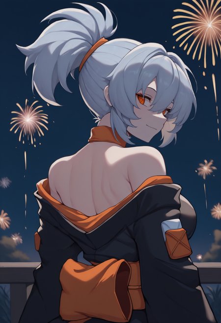 anime, masterpiece, best quality, from behind, solo, 1girl, sld11, slight smile, looking back, grey hair, hair between eyes, ponytail, orange eyes, japanese clothes, black kimono, off shoulder, orange sash, bare shoulders, outdoors, night, fireworks
<segment:yolo-Anzhc Face seg 640 v2 y8n.pt,0.4,0.5//cid=1>