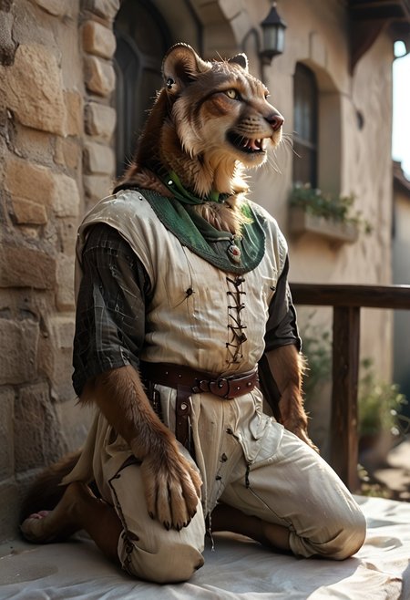 score_9, score_8_up, score_7_up, (((Barefoot furry character, full body, cinematic setting, furry male, plantigrade, correct anatomy, perfect hands)))
(((side view))) on a beautiful and detailed skaven, (((templar outfit))), templar knight, green gem necklace, ((1boy, solo, solo focus)), muscular, furry male, burgundy fur,body fur, perfect eyes, perfect face, fur, fluffy fur, tuft, detailed fur,, bronze eyes, curvy, covered nipples, Expressiveh, looking at the viewer, seductive smile, half closed eyes, tight clothes, skindentation, ear piercing,cute makeup, BREAK indoor, detailed background, balcony, abs, ((muscular)), white neck fluff, (((nice furry feet paws)))
(((kneeling on one leg))), enslaved by hypnotic spell, green glowing in his eyes, green smoke around neck, green collar formed by magic smoke around neck , open mouth, drooling