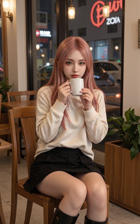 A stylish20-year-old girl with long pink hair and green eyes sits comfortably in a modern cafÃ©,wearing a cream-colored sweater,a black pleated skirt,and elegant knee-high black boots. Holding a hot cup of coffee,she gently blows on it while smiling softly. The cafÃ©âs warm ambient lighting creates a cozy atmosphere,with wooden tables,potted plants,and soft jazz music playing in the background. Large windows reveal the bustling city outside,with neon lights reflecting off the glass. Realistic photography style,cinematic lighting,soft-focus background,warm and cool tone contrast.,
<lora:yuukananri-base-02-flux:0.8>,yuukananri,she has a slender physique and a petite build,