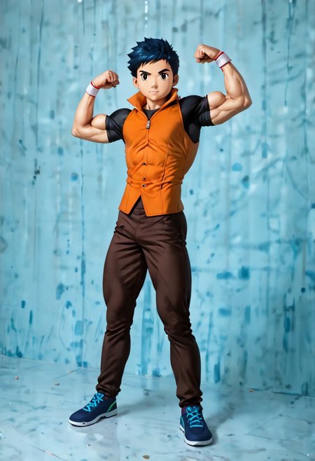 score_9, score_8_up, score_7_up, score_6_up, detailed, intricate details, highres, absurdres ,source_anime, henry wong, blue hair, grey eyes, orange vest, black shirt, wristband, brown pants, 1boy, eight-pack-abs, eight abdominal muscles, eight abs, eight pack abs, eight-pack abs, biceps flexing, looking at viewer, male focus, solo, kid with muscles, muscular arms, muscular legs, muscular kid, muscular pectorals,  kid with hyper muscles, full body, male focus, hyper muscles, muscular abs, muscular arms, hyper muscular kid, muscular forearms, muscular legs, muscular neck, muscular pecs, muscular shoulders, muscular thighs, short height, solo, ten abdominal muscles, ten abs, ten pack abs, ten-pack abs, ten-pack-abs