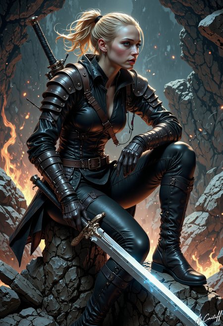 High-angle shot, 24mm fisheye lens, deep depth of field. A young woman with a blonde ponytail and a single strand of hair escaping her scalp sits atop a jagged rock outcropping, wearing a black leather jacket with articulated shoulder armor, black pants, and knee-high leather boots. Her facial expression is intense, with a sharp jawline and prominent cheekbones. She's armed with a longsword, its blade shining with a faint blue light, and a curved dagger at her hip. The woman's posture is aggressive, with one knee bent and the other foot planted firmly on the rock. Her gaze is directed upward, as if challenging an unseen foe. The background is a dark, misty landscape with scattered debris and sparks flying through the air. The artistic style is a blend of realism and cinematic drama, with bold lighting and textures., l1n0c2t, CreeepyCuteMagic<lora:CustomFlux/MysticRealism.safetensors:1.0:1.0> <lora:Flux/Linocut - s1 g4.safetensors:0.25:0.25> <lora:Flux/creeepycutemagic-000012 - version ER.safetensors:0.5:0.5>