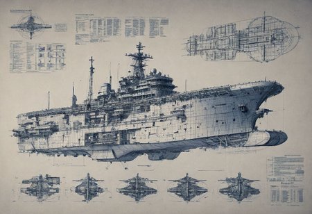 construction plan with blue thin lines for a huge dreadnought ship with 6 floors sketch style high def,ship  cut in half  with instructions and descrption of each parts