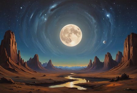 oil painting of mythical and starry night with three moons on an exotic planet far away from our galaxy, thin brush strokes by Eugen Dücker
