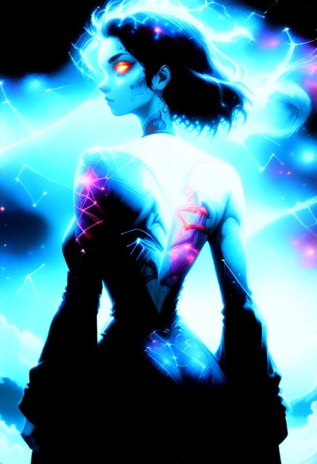 Score_9, score_8_up, score_7_up, best quality, high res, 8k, Dark lighting, low lighting, night, dark background, nebula,  1girl,faceless,back view, intricate tattoo, constellation, glowing tattoo, open back robe, cosmic entity, looking back at viewer, burning eyes