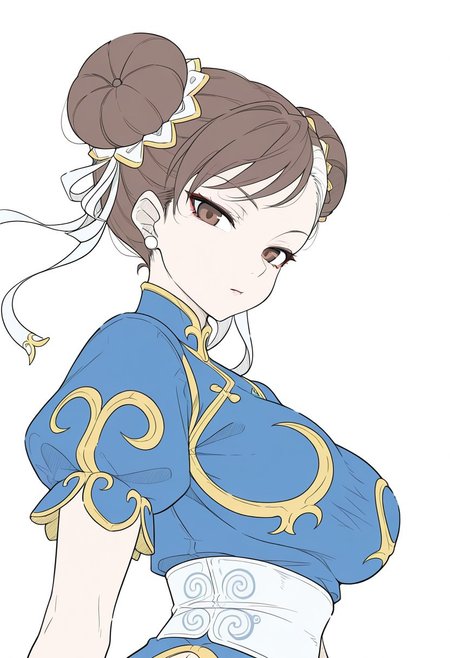 {{masterpiece,best quality,amazing quality,absurdres}}, {{flat shading, cel shading}}
BREAK
1girl, solo, upper body, simple background, portrait, looking at viewer, chun li, brown hair, white hair buns, breasts, blue dress, poofy sleeves, short sleeves