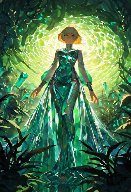 masterpiece, best quality, amazing quality, very aesthetic, absurdres, newest, 1girl,princess zelda, blunt bangs, blonde hair, bob cut, pointy ears, in the depths of a bioluminescent alien jungle, perfect eyes, [evangelion:cyberpunk edgerunners:0.5], reflective transparent emerald iridescent opaque clothing, long sleeves, flowing dress, long skirt, very aesthetic, highres, 4k, 8k, intricate detail, cinematic lighting, amazing quality, amazing shading, detailed Illustration, official artwork, wallpaper, official art, extremely detailed eyes and face, beautiful detailed eyes, from below, full body, thigh gap, BREAK <lora:ponyv4_noob1_2_adamW-000017:0.7000000000000001> <lora:USNR_STYLE_XL_lokr:0.45>