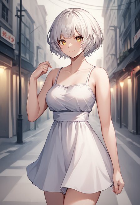 momoshiro_chiyoko, short hair, white hair, yellow eyes, breasts, sundress BREAK outdoors, city street, BREAK cowboy shot, looking at viewer, closed mouth, sexy smile,flirty, dynamic pose BREAK score_9, score_8_up, score_7_up, source_anime ,zPDXL,   <lora:Momoshiro_Chiyoko:0.8>,
