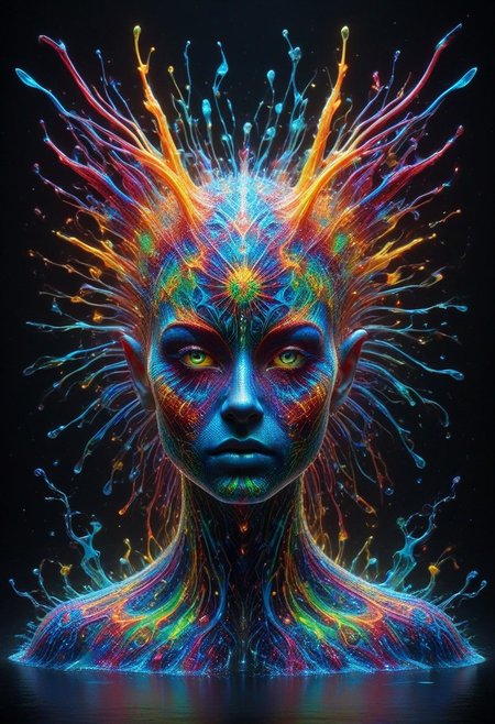 Colorful Chaos Cracks and Drops, professional photography of an fantastical elf demon princess entirely made of cyberflies with whimsical elements, swirling magic, eerie fairytale landscape, elaborate fantasy style art, very colorful, intricate details, ultra sharp, exquisite detail, flawless composition, vivid colors, masterpiece, exciting background, TAS, TASvisuals, Psychedelic , Rave, Elaborate , Blacklight , Vibrant , cyberflies, black light paint, blp, Colorful Chaos Cracks and Drops, mad-glowtiedye, made out of,colorful,liquid,Murano Art Glass