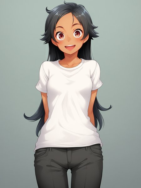 1girl, shirt, pants, standing, looking at viewer, uncensored, score 9 up, score 8 up,
 <lora:IRON_GRIMOIRE_SAKULA_Assorted_Doujin_Artstyle_Blend_PonyXL:1>,blush, hetero, open mouth, long hair, short hair, smile, dark-skinned female, dark skin, small breasts,