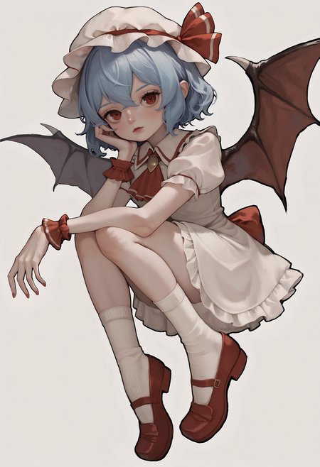 score_9, score_8_up, score_7_up,  score_6_up,  face close up,  mary janes, 1girl, remilia scarlet, hat, small breasts,  shoes,   wrist cuffs,  looking at viewer, red footwear, red eyes, blue hair, white socks, socks,  ascot, wings, short hair,  bobby socks, short sleeves, hat ribbon,  jewelry, puffy sleeves, mob cap, <lora:12yun30_PonyXL_dim16:1>