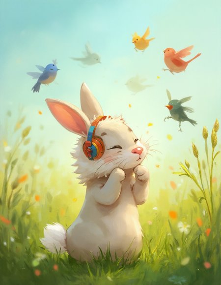 Benny,with his fluffy white tail and pink nose,is covering his ears with his paws,looking up at a group of four birds,each with a distinct color and feather pattern.,
A charming digital art piece,featuring a rabbit named Benny,who is wearing a pair of quirky,colorful headphones,and is nestled among the lush grasses of a sunlit meadow.,
The quality of the art is exceptional,with every detail of Benny's fur,the grasses,and the birds' feathers captured in stunning clarity.,<lora:Test_OS:1>,