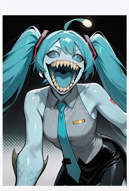 dynamic pose, miku cosplay,hatsune miku's hair, blue hair, long hair, grey shirt, sleeveless, black skirt, blue tie, twin tails,   <lora:ripjaws-08:1.2> ripjaws, sharp teeth, solo, claws, 1girl, light blue skin, open mouth, Anglerfish Lure, pokemon (creature), blue sclera, bangs,, masterpiece, best quality, amazing quality, very aesthetic, absurdres, newest,, upper body, halftone effect, white borders, abstract background:1.2,