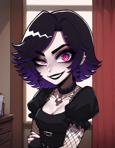 score_7_up, score_8_up, score_9, 1girl, solo, afs_ksusha, ksusha_def_afs_outfit, black clothes, uneven eyes, evil grin, 1girl, parted lips, light smile, indoors, room
