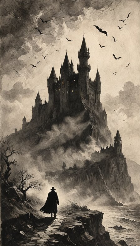 a silhouette a man cape and hat (etching:3)  (max screech) B&W, big castle in background, cliff, (highly detailed:3), (hundred of bats forming a shadow cloud towards the sky:1.4),  <lora:Desolation:0.3>,<lora:LaxpeintXL-2.0:0.7>