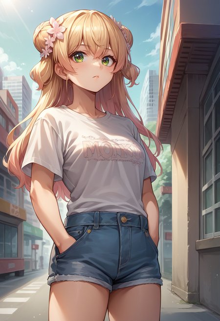 score_9, score_8_up, score_7_up, source_anime, 1girl, solo, MomosuzuNene, long hair, double bun, hair flower, t-shirt, denim shorts, standing, outdoors, city, hands in pockets, <lora:ChamMomosuzuNenePonyXL:1>