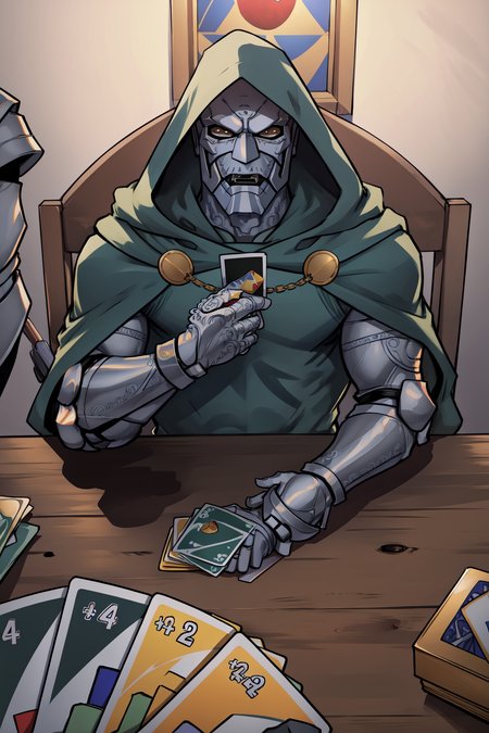 (masterpiece, best quality, absurdres, 4k, aesthetic, detailed, intricate, perfect lighting),<lora:unomeme_v1:0.7>  unomeme,playing card game, across table,1boy, mask,hood,cape,cloak,gauntlet <lora:DoctorDoomLoRA:0.7>