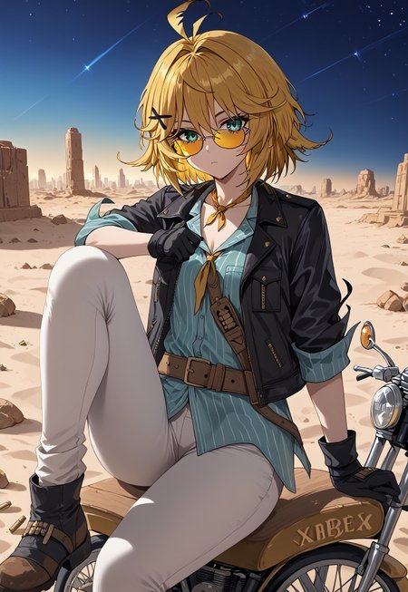 safe_pos, 1girl, solo, solo focus, highres, absurdres, DokiBH, blonde hair, blue shirt, short hair, ahoge, x hair ornament, black jacket, black gloves, bangs, green eyes, hairclip, brown belt, pants, hair between eyes, vertical-striped shirt, white pants, open jacket, collarbone, yellow neckerchief, antenna hair, bullet, holster, sleeves rolled up, sunglasses, tinted eyewear, 

looking at viewer, sitting, motorcycle, knee up, leg up,

desert, sand, city, shade, night, night sky, dark, backlighting,