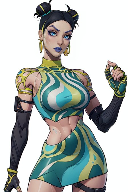 masterpiece,best quality,face detail,extreme detail,8k,white background,<lora:tsuki:0.7>,designertsuki,1girl,solo,breasts,looking at viewer,blue eyes,skirt,black hair,gloves,jewelry,earrings,elbow gloves,fingerless gloves,hair bun,crop top,double bun,makeup,eyeshadow,joints,open hand,android,cowboy_shot,upper_body,wide hips,green,standing pose,
