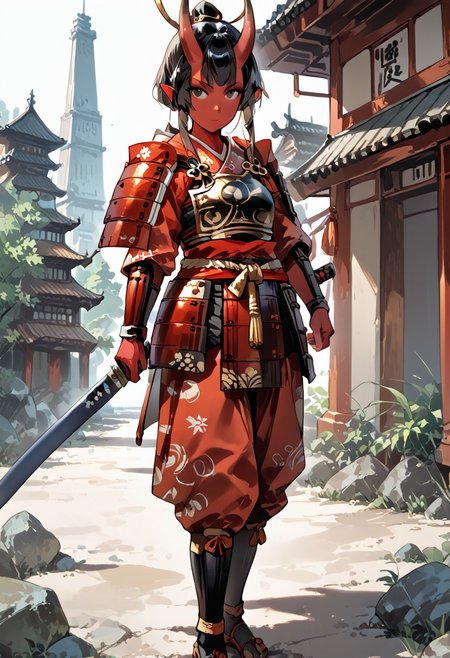 score_9, score_8_up, score_7_up, rating_suggestive, tiefling, one female, single person, red skin, black hair, straight horns, red samurai armor, easynegative, negative_hand, MythAn1m3, pointed ears, ancient japanese city, standing, samurai, 
musuclar woman, amazona, full body, green black eyes, 1girl, red glowing katana,