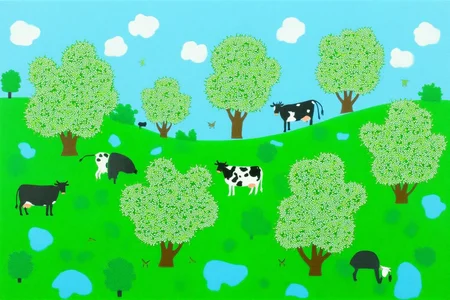dorislee1 painting.
A pastoral scene featuring a meadow with a bright blue sky and a few fluffy white clouds. The foreground and midground are covered in lush green grass with scattered trees, each filled with white blossoms, indicating spring or early summer.
There are five cows scattered through the meadow.
 <lora:dorislee1_cap_d6a3:1.0><lora:834816023422202442:0>