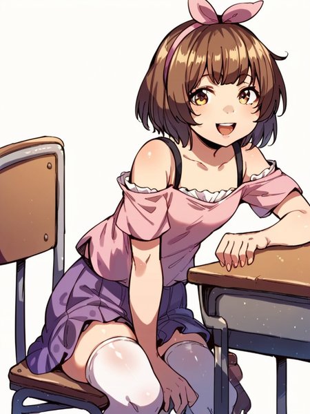 score_9, score_8_up, score_7_up,  
1girl, mio tt, medium hair, brown hair, ribbon hairband, flat chest, brown eyes,

pink t-shirt, short sleeves, off-shoulder shirt, sitting, school chair, white background,
smile, open mouth, looking at viewer, thighhighs, purple skirt, 
