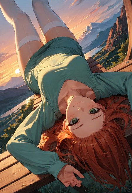 (score_9, score_8_up, score_7_up), zPDXL3, (drawn, upside down, wide hips:1.3),1girl, solo, medium breasts, redhead, 
green eyes, long hair, white thighhighs, green dress, from above, sunset, dynamic lighting, sundress, sleeves, blush, reclining, bench, from side,
outdoors, mountains, river,  (face focus, close-up:1.5),
looking at viewer, from above, collarbone,
dutch angle, 
smug,