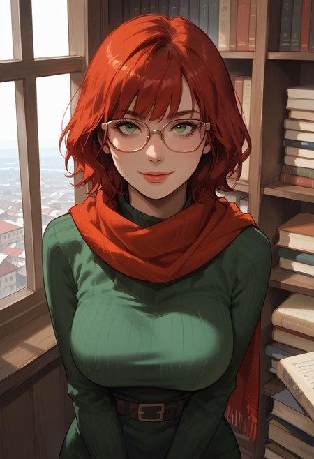 score_9,score_8_up,score_7_up,score_6_up,score_5_up, masterpiece, best_quality, ultra-detailed, from above
BREAK 
1girl, solo, short red hair, bangs, green eyes, aviator glasses, large breasts, short green dress, red scarf, sideways glance, smiling, books, mischievous smile
BREAK
L1brary, indoors, bookshelves, books, window