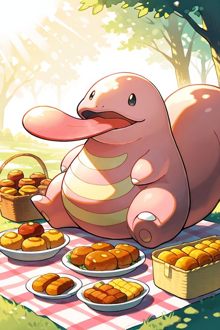 masterpiece, best quality,   Lickitung, no humans, pokemon (creature), solo,  <lora:LickitungPokedexIXL:1.0>,   sitting on a picnic blanket, surrounded by food, playful expression, glowing afternoon sunlight, warm and cozy atmosphere, vibrant and fun, detailed