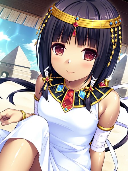 <lora:happy_tentacle-arle-v0.1-000034:1>, ht_arle, low ponytail, hair ribbon, mummy, egyptian clothes, white dress, bandaged arm, circlet, armlet, usekh collar, gem, outdoors, middle eastern architecture , 1girl, solo, , , (crazy smile :1.1), , looking at viewer , sitting , facing viewer , score_9, score_8_up, score_7_up, score_6_up, score_5_up, score_4_up