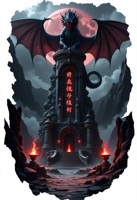 A dark fantasy concept art of an ancient dragon shrine. A massive black dragon with glowing red eyes perches on a towering stone pillar, surrounded by swirling magical runes. The shrine is built from ancient, weathered stone with intricate carvings glowing faintly in the dim light. The background features a misty, ominous landscape with jagged cliffs and a crimson-hued sky. Flames flicker from enchanted braziers, casting eerie shadows. The image is framed in an artistic cutout style, with a white background, making it appear as though the shrine emerges from the page.