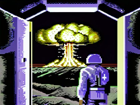 Man watching nuclear explosion from a bunker hatch,64gr4ph1cs style, pixel art,8-bit <lora:C64XL-000005:1.0>