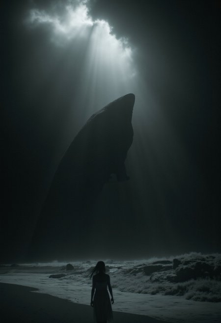 infrared image, black and white, monochrome, ((underwater, deep sea, Thalassophobia )), photorealistic cinematic  epic underwater supernatural landscape, dark water, lighting storm underwater, thunderstorm underwater, lightning flash illuminating a giant terrifying sea creature lurking in the dark background, woman standing on the beach with her hair and white dress blowing in the winds of the storm, she is small and miniscule in comparison to the gigantic creature
