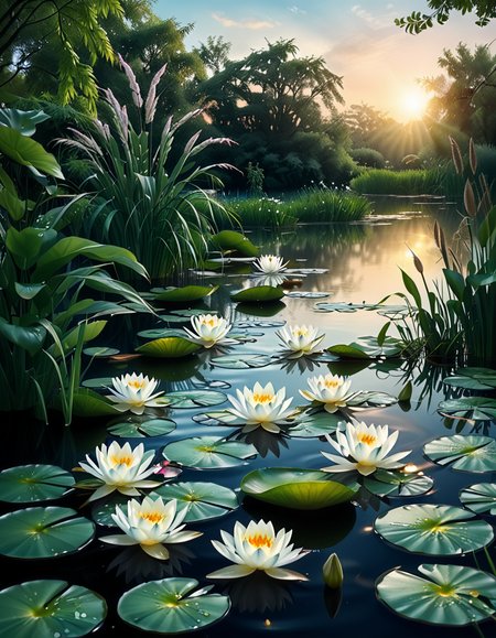A highly detailed and realistic photograph of a serene lily pond surrounded by lush greenery. The calm water reflects the soft sunlight filtering through the overhanging trees. The surface is adorned with vibrant green lily pads, some with delicate pink and white water lilies in full bloom. A few dragonflies hover above the water, their wings catching the light. Gentle ripples create subtle distortions in the reflection of the sky and foliage. In the background, a dense array of reeds and aquatic plants frame the pond, adding depth and texture. The soft golden glow suggests late afternoon or early evening, enhancing the tranquil and picturesque atmosphere. The composition is balanced, drawing the viewerâs eye toward the natural beauty of the water lilies and their intricate details.
 <lora:SDXLFaeTastic2400:0.4> <lora:extremely_detailed:0.4> extremely detailed,<lora:lily_p0nd:1>,lily p0nd, Masterpiece,best quality,hi res,8k,hi res,8k,award winning,(sharp focus, intricate, highly detailed),