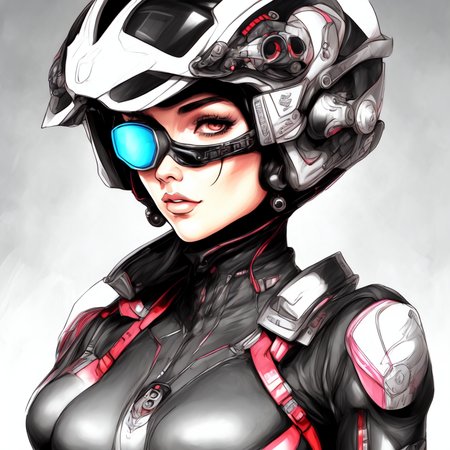 (BionicBikerGirl style:1) a drawing of a woman wearing a helmet and goggles <lora:BionicBikerGirl:1>